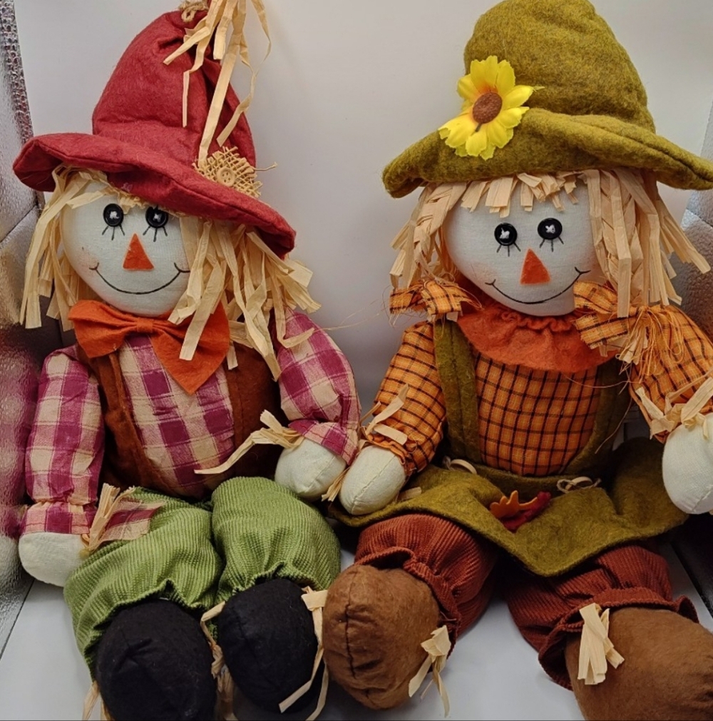 Fall Harvest Scarecrow Couple Plush Decor Autumn‎ Thanksgiving Shelf Sitters Set